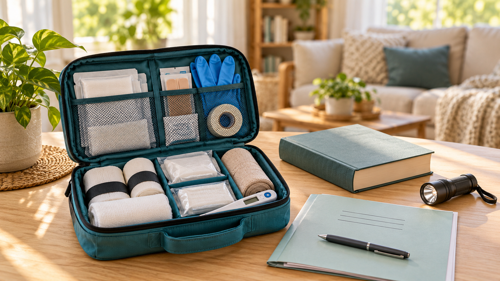 Organized first aid kit with bandages, gloves, and a thermometer beside an emergency planning folder and flashlight.